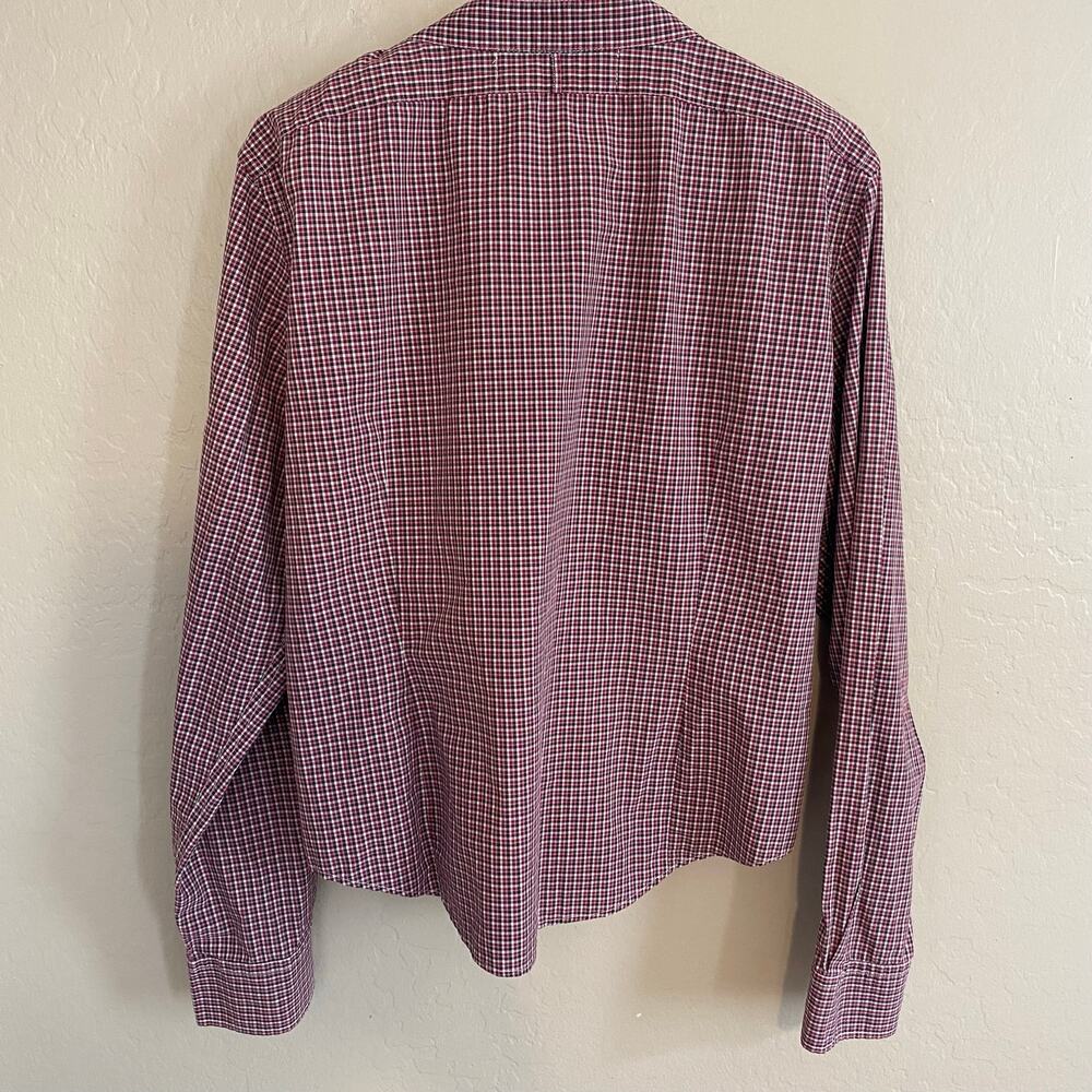 KMJ Kate McHale Jensen Demi Fit Ruffle Front Shirt Women Sz Small Burgundy Check - Picture 2 of 3